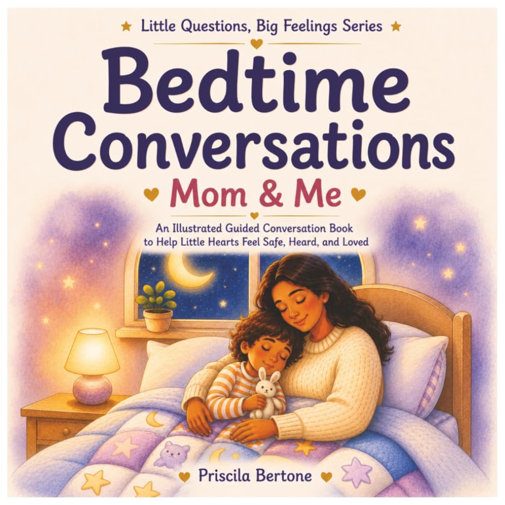 Cover of "Bedtime Conversations — Mom & Me", illustrated with a mother tucking her sleepy child into bed under a starry window