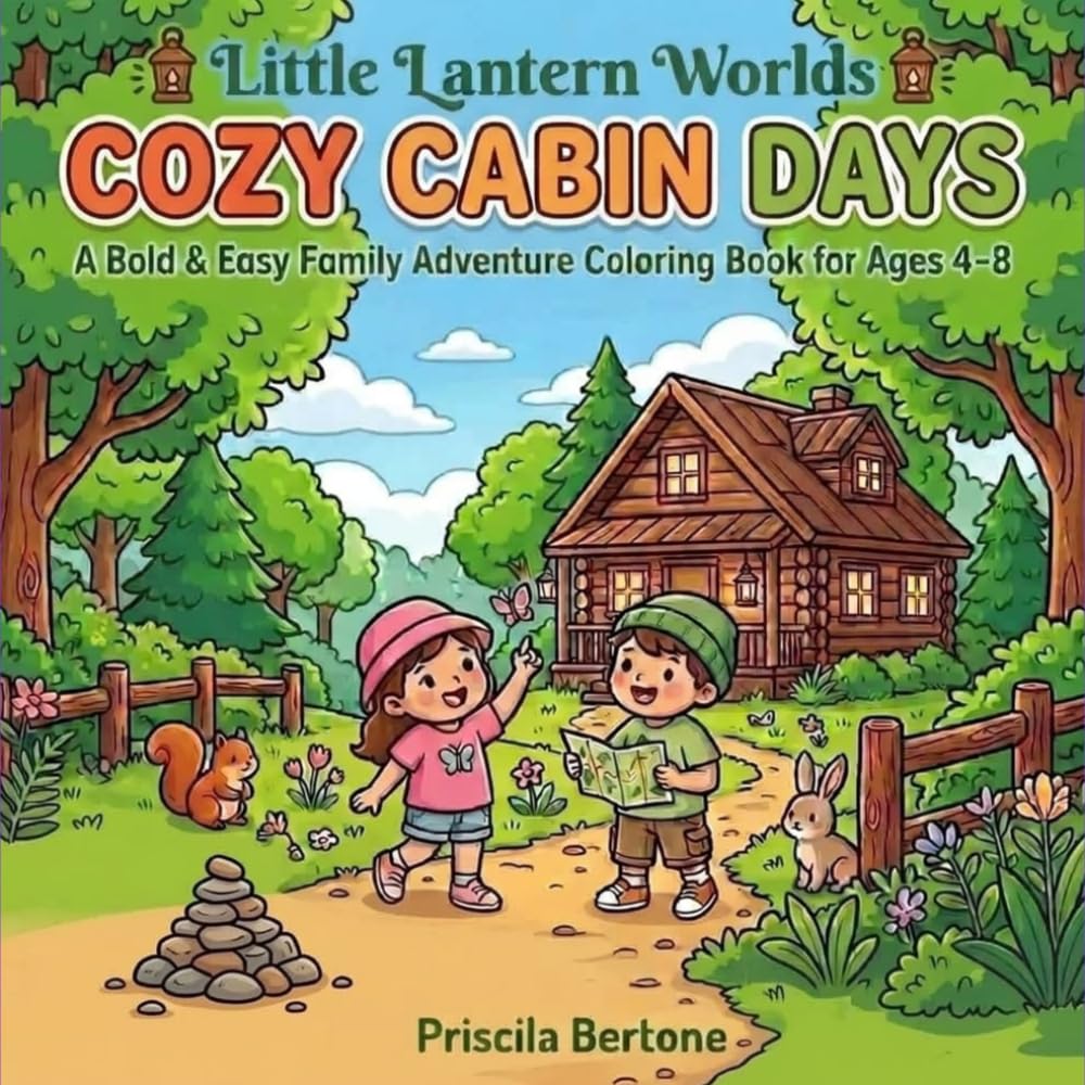 Cover of "Cozy Cabin Days" showing two illustrated children exploring a forest path near a wooden cabin, with a squirrel and rabbit nearby