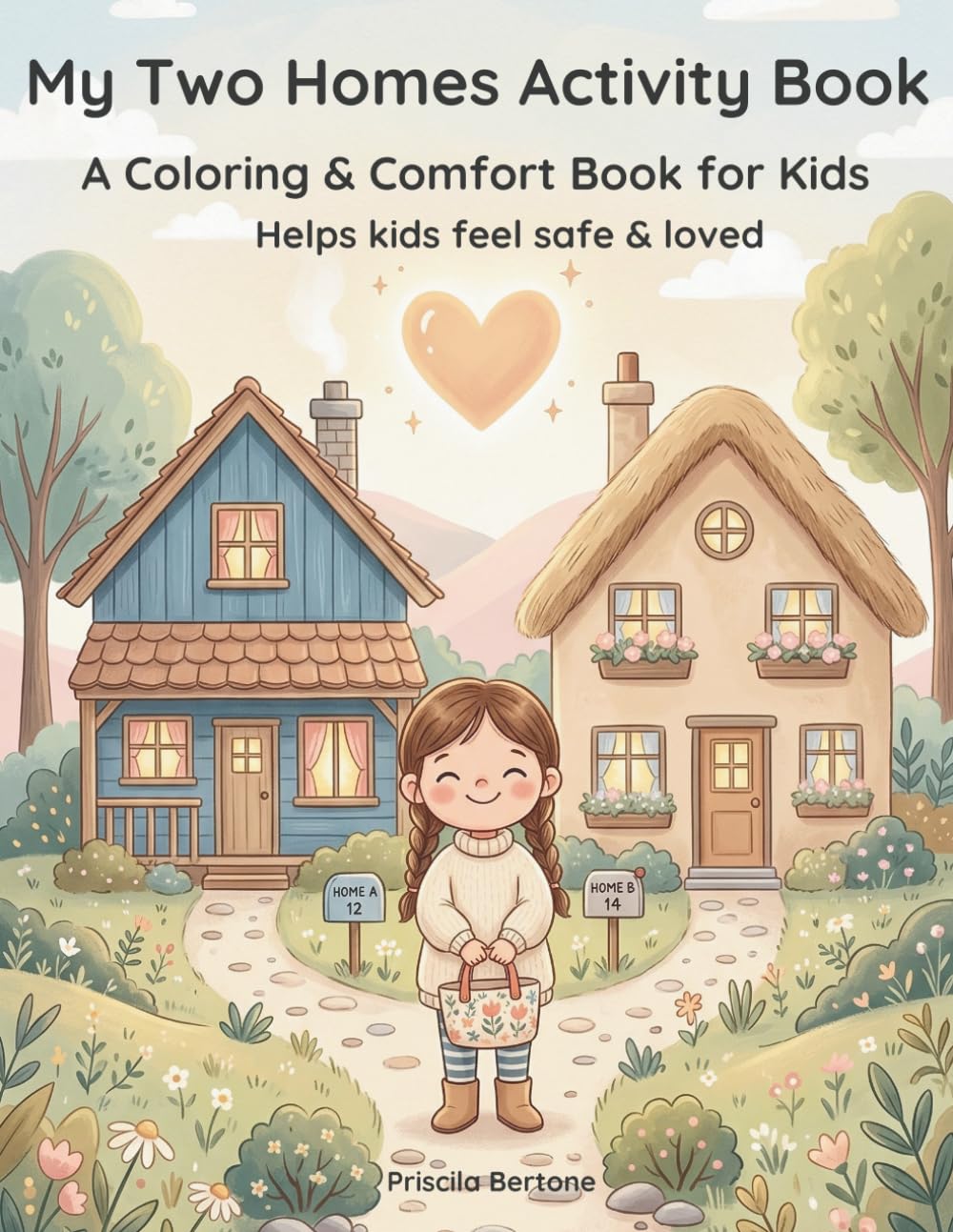 Cover of "My Two Homes Activity Book" showing a child standing between two cozy houses