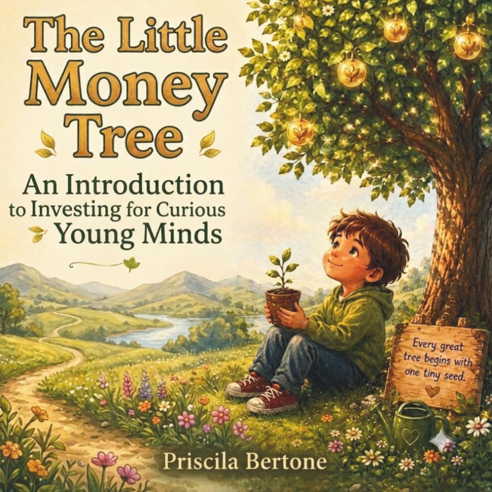 Cover of "The Little Money Tree" showing a boy sitting under a tree strung with golden coin ornaments, holding a small potted seedling