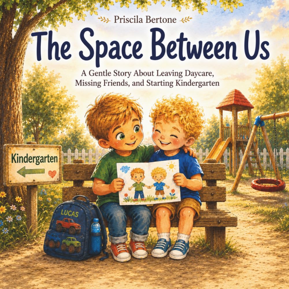 Cover of "The Space Between Us" showing two young boys sitting together on a bench, one holding a drawing of them both, beside a "Kindergarten" sign